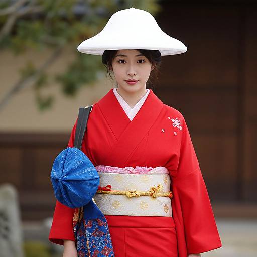 Photograph of an Asian woman in a vibrant red kimono with white trim, white hat, blue obi, and white sash, standing outdoors