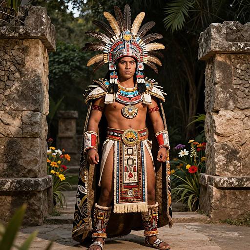 Photograph of a muscular Indigenous man in elaborate, colorful traditional Mayan headdress and armor, standing between stone pillars in a lush garden.