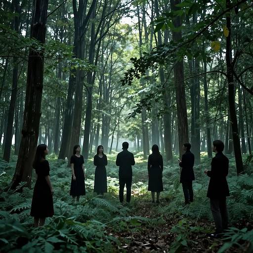 Photograph of six shadowy, silhouetted figures standing in a dense, sunlit forest with tall trees, ferns, and a mist