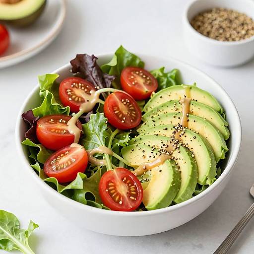 Photograph of a fresh salad bowl with sliced avocado, cherry tomatoes, leafy greens, and black pepper in a white bowl.