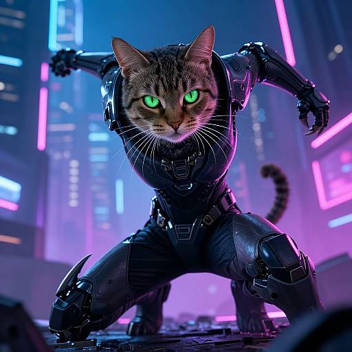 CGI image of a green-eyed, armored tabby cat in a futuristic city, crouched with neon lights in the background, ready for action