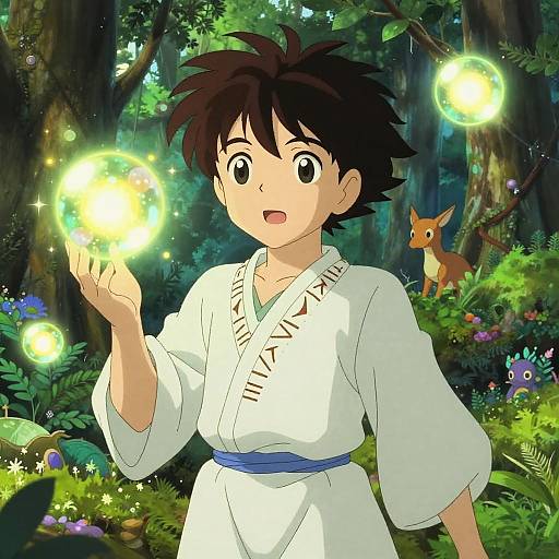 Anime-style drawing of a young boy with spiky black hair, wearing a white kimono with blue belt, holding glowing orbs in a lush, magical