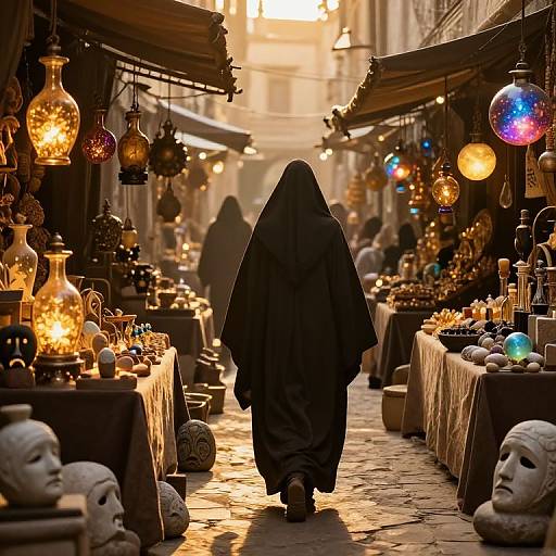 Photograph of a cloaked figure walking through a sunlit, bustling market alley filled with glowing lanterns, colorful glass orbs, and various artifacts.