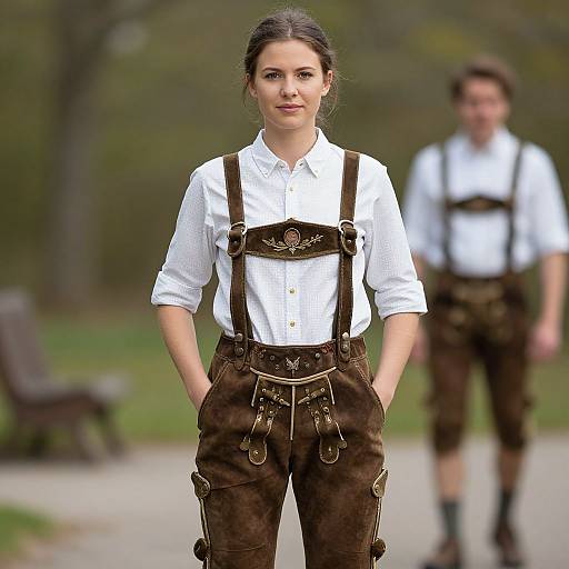 Photograph of a young woman with dark hair in a bun, wearing a white shirt and brown Bavarian-style suspenders and pants, standing in a