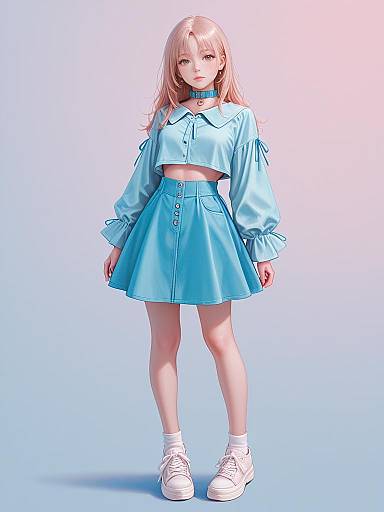 CGI image of a young woman with light pink hair, wearing a blue crop top and high-waisted skirt, white sneakers, against a light