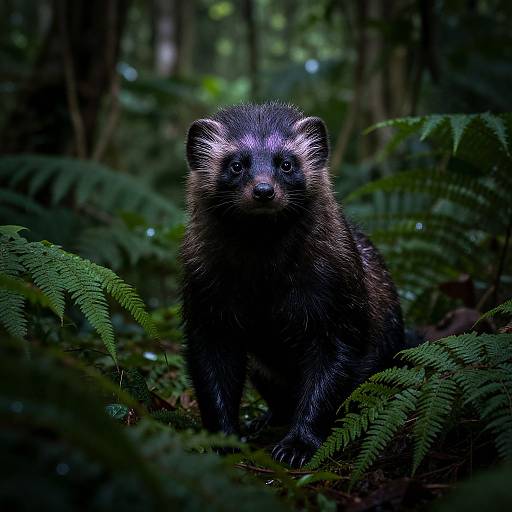 Photograph of a cute, black badger with white stripes on its face, standing in a dense, green forest of ferns.