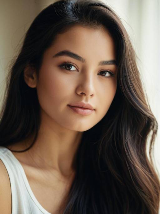 Close-up Portrait of Young Woman with Long Dark Hair