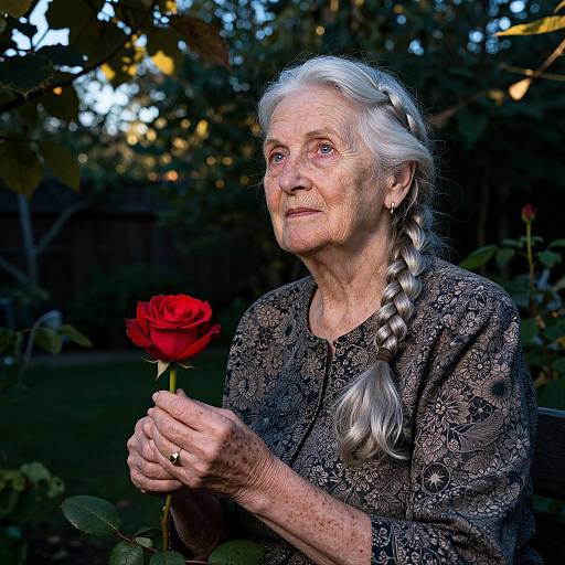 Photograph of an elderly woman with silver braided hair, wearing a black lace blouse, holding a red rose in a dimly lit garden.