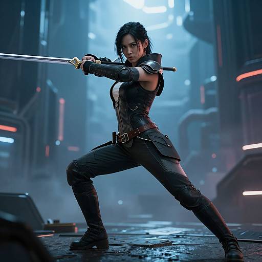 Digital artwork of a fierce, dark-haired woman in black combat gear, wielding a sword in a futuristic, neon-lit cityscape.