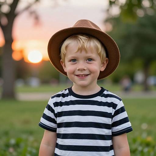 Blonde Boy in Striped Shirt and Fedora