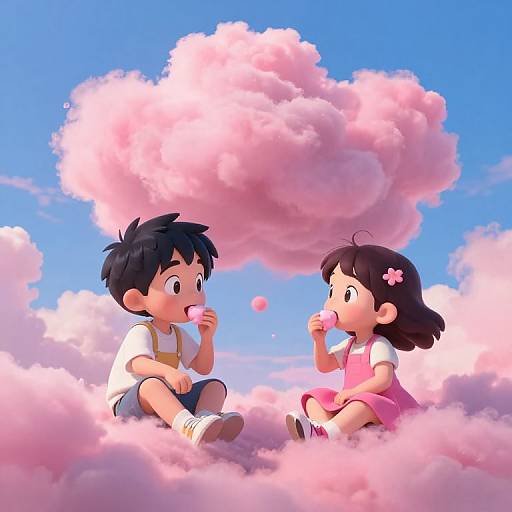 Digital illustration of a boy and girl, both with black hair, sitting on pink clouds, eating pink lollipops, against a bright blue sky