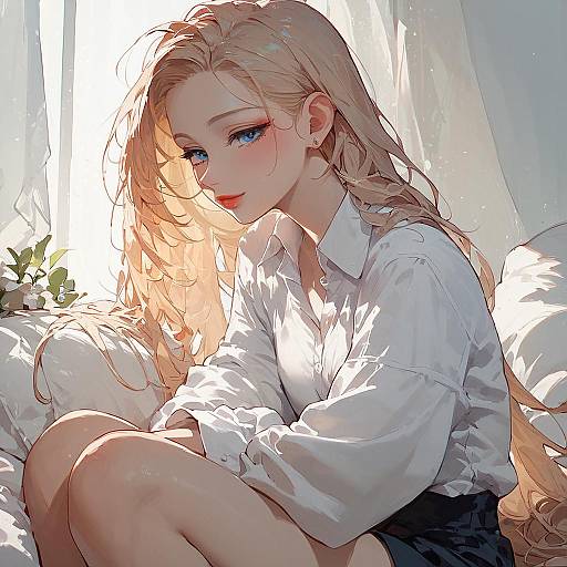 Digital anime-style drawing of a blonde woman with blue eyes, wearing a white shirt and black skirt, sitting on a bed in soft sunlight.