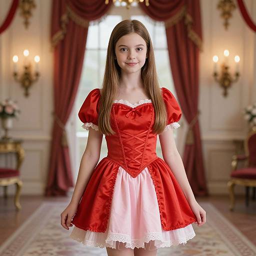 Photograph of a young girl with long brown hair in a red and white satin dress, standing in an elegant, ornately decorated room with red curtains
