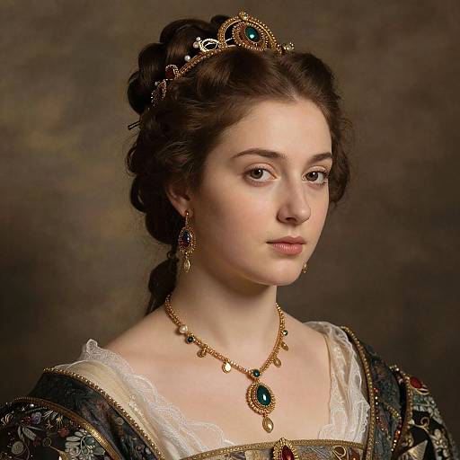 Photograph-style digital portrait of a young, fair-skinned woman with dark hair, wearing an ornate gold tiara, green gem necklace, and