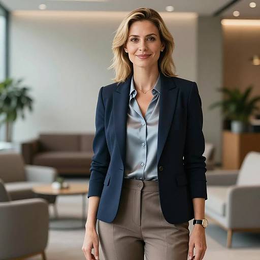Photograph of a smiling blonde woman in a navy blazer, light blue shirt, and gray pants standing in a modern office with soft lighting and blurred