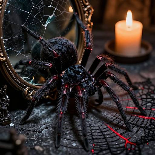 Photograph of a detailed, black spider with red accents, web, and glowing eyes, illuminated by a candle in a dimly lit, gothic