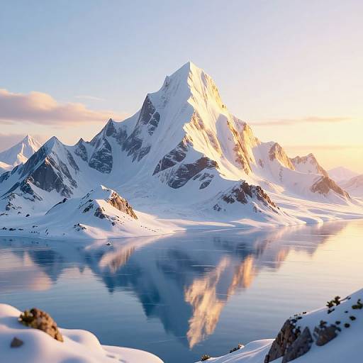 Photograph of a stunning, snow-capped mountain peak reflected in a calm, blue lake at sunset, with golden sunlight illuminating the icy landscape.
