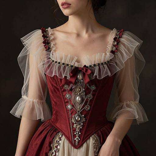 Photograph of a fair-skinned woman with dark hair, wearing a Victorian-style burgundy corset with white sheer sleeves, intricate silver embellishments,