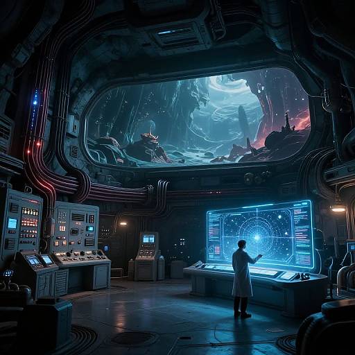 Sci-fi spaceship control room: Dark, futuristic interior with glowing blue holographic displays, cables, and a lone figure in a lab coat. Cosmic exterior