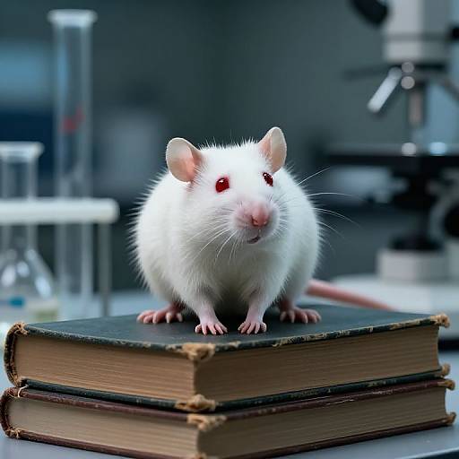 Photograph of a white, fluffy rat with red eyes standing on an old, stacked book in a laboratory setting.