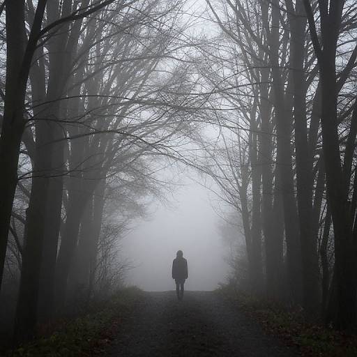 Silhouetted Figure on Misty Forest Path