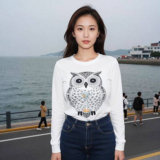 Photograph of an Asian woman with long black hair, wearing a white owl-patterned sweater and high-waisted blue jeans, standing on a coastal