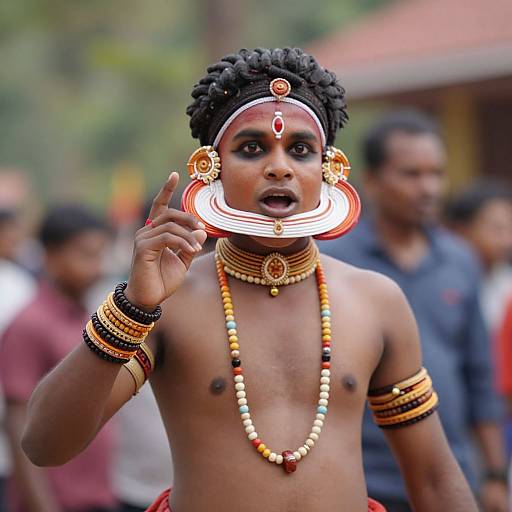Photograph of a shirtless, dark-skinned African man with black curly hair, adorned with traditional jewelry, including large circular earrings and beaded neck