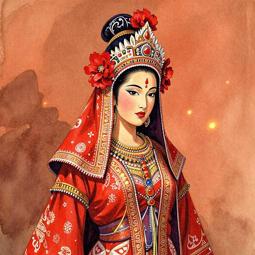 Digital artwork of an elegant Asian woman in traditional red and gold embroidered attire, adorned with flowers and jewelry, against a warm, orange-hued background.