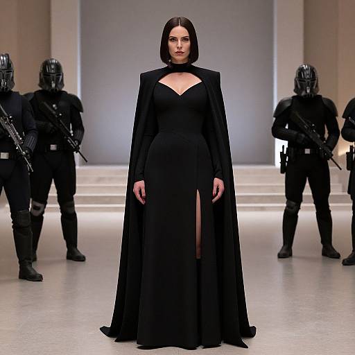 Photograph of a tall, pale-skinned woman with straight black bob haircut, wearing a long, black, V-neck gown with a thigh slit,