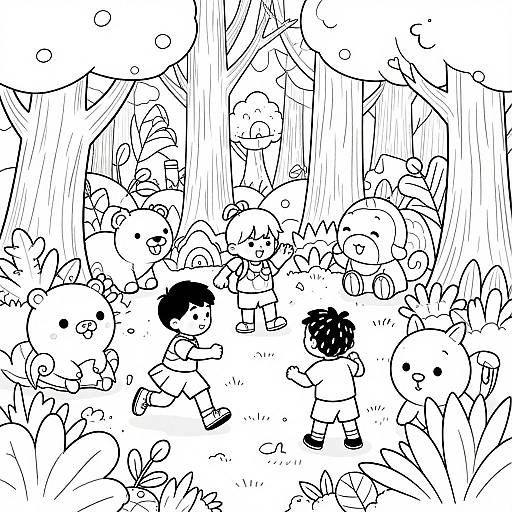 Black-and-white cartoon illustration of children playing with adorable, round-faced, bunny-like creatures in a forest with tall trees and grass.