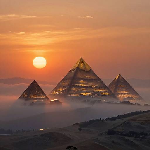 Photograph of three illuminated pyramids at sunset, with a glowing orange sun, misty foreground, and a vibrant, orange-pink sky.