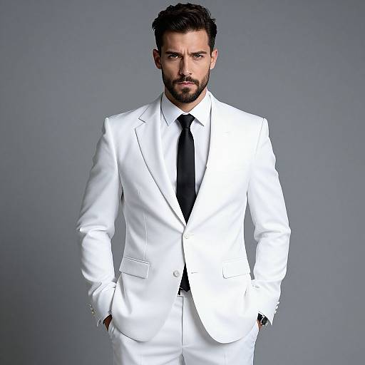 Photograph of a handsome, bearded man in a sharp white suit with black tie, standing against a gray background, hands in pockets, intense gaze