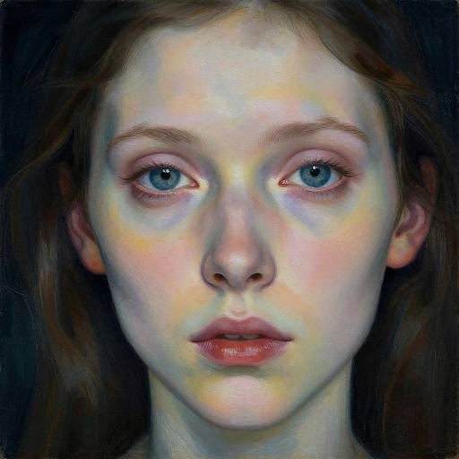 Hyper-realistic digital painting of a young woman with pale skin, blue eyes, and light brown hair, set against a dark background.