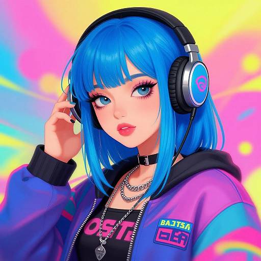 Digital art of a blue-haired anime girl with bright blue eyes, wearing headphones, a purple jacket, and a black top, against a vibrant, rainbow