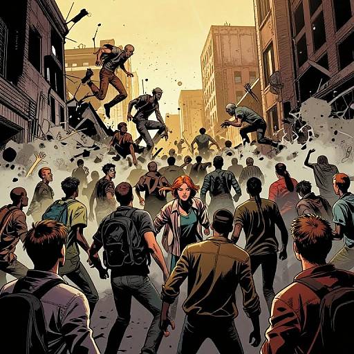 Dynamic comic-style drawing: Chaos erupts in a city street as armed soldiers leap from buildings, firing, amidst panicked civilians. Bright yellow sky contrasts with