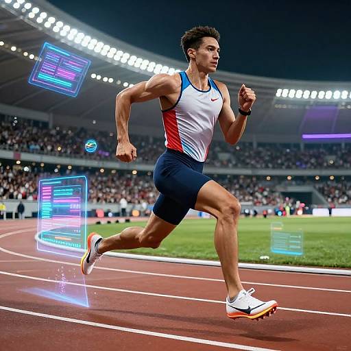 Photograph of a muscular male sprinter in a white, blue, and red athletic outfit running on a track, with digital data overlays and a stadium