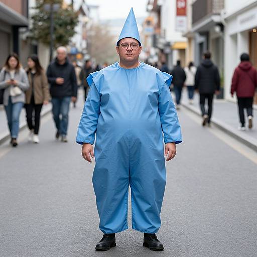 Photograph of a man in a blue medical gown and cone hat standing on a street, surrounded by blurred pedestrians.