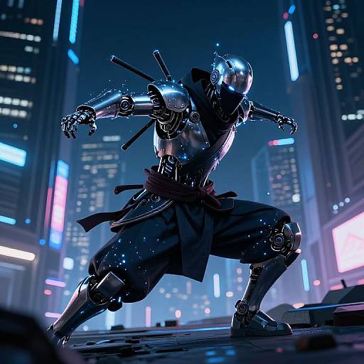 Stealthy Spark Ninja Bot in Futuristic City