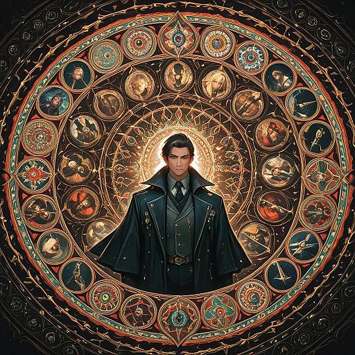 Mysterious Man with Intricate Mandala in Horror Art Style
