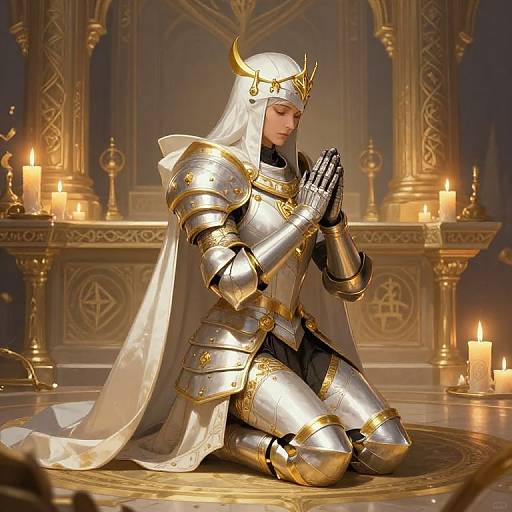Digital artwork of a kneeling, armored knight with white hood and golden horns, praying in a candlelit, ornate chapel.