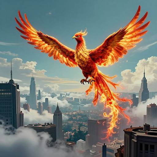 Digital artwork of a fiery, giant phoenix with outstretched wings soaring above a cloudy New York City skyline, its tail and wings emitting intense orange and