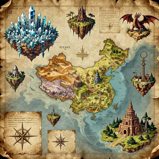 Fantasy map illustration with floating islands, crystal formations, dragon, medieval castles, compass, and detailed terrain, in vibrant, textured style.