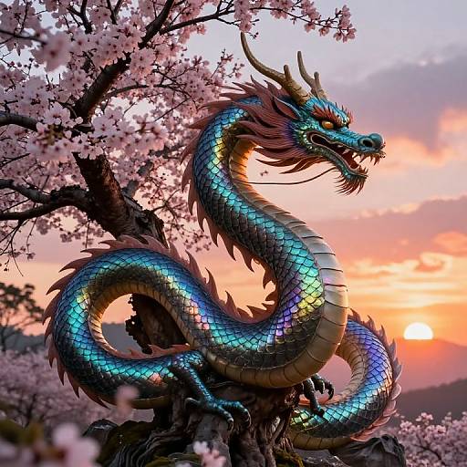 Digital artwork of a vibrant, multi-colored dragon with blue, purple, and green scales, perched on a cherry blossom tree at sunset.