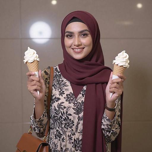 Smiling Woman in Floral Dress with Ice Cream
