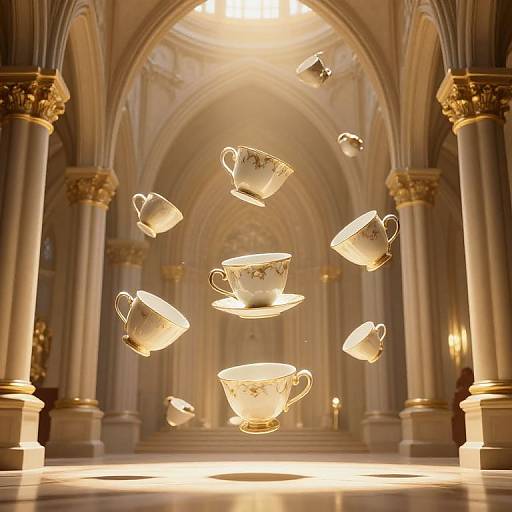 Ethereal Floating Teacups in Cathedral