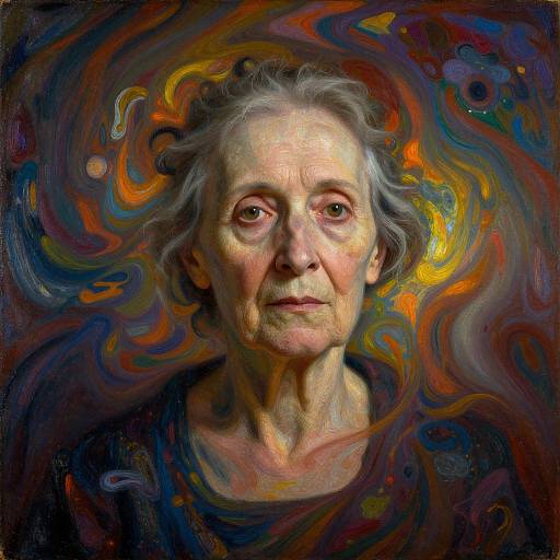 Vivid, abstract digital portrait of an elderly woman with gray hair, intense expression, surrounded by swirling colorful patterns, blending reds, blues, and
