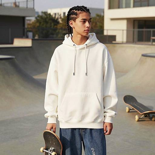 Photograph of a young man with braided hair, wearing a white hoodie and blue jeans, holding a skateboard in a sunlit skatepark. Background