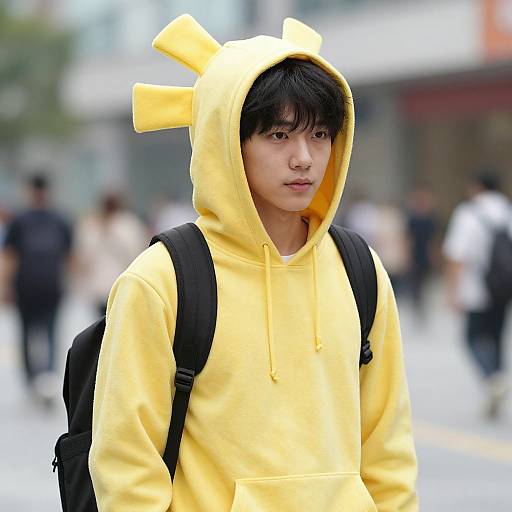Young Asian man in yellow Pikachu hoodie with ears, black backpack, blurred urban background, standing outdoors, looking slightly to the side.