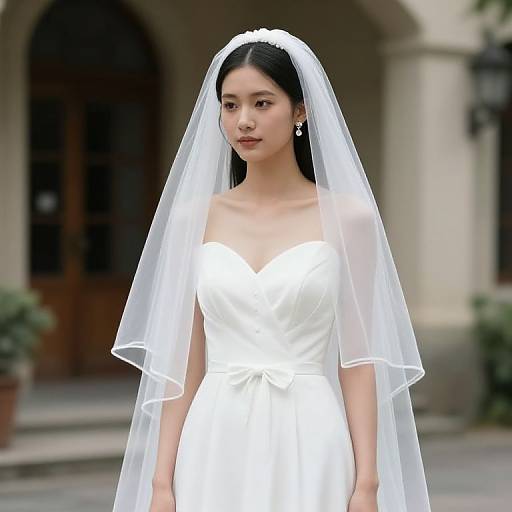 Photograph of an Asian woman with long black hair, wearing a white strapless wedding dress and a sheer white veil, standing outdoors in front of a