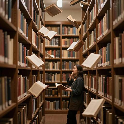 Photograph of a woman in a library with floating books, standing amidst tall wooden bookshelves filled with colorful books.